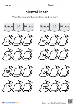 Mango Math: Add & Subtract 10 - Mental Math Worksheet