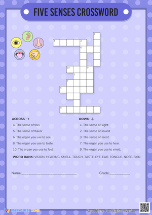 Five Senses Crossword Puzzle - Science Worksheet for Kids!