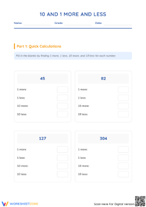 10 and 1 More/Less Worksheet: Number Skills