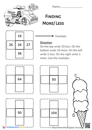 10 and 1 More/Less Worksheet: Number Skills