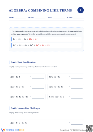 Combining Like Terms Worksheet | Essential Grade 7 Math