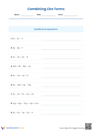 Combining Like Terms Worksheet | Essential Grade 6-7 Math