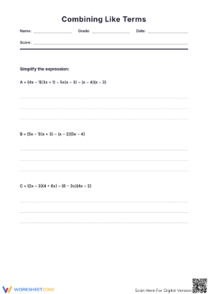 Combining Like Terms Worksheet | Grade 8 Math Printable