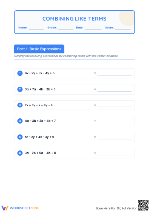 Combining Like Terms Worksheet | Grade 7 Essential