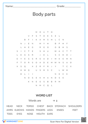 Educational Body Parts Word Search Puzzle