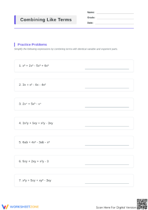 Combining Like Terms Worksheet | Grade 7 Printable