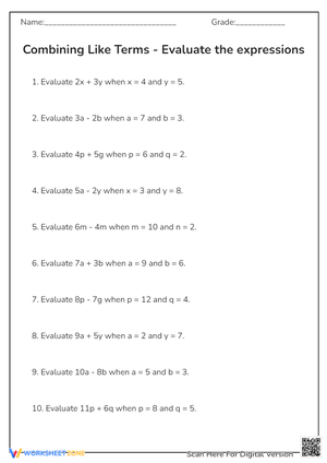 Algebra: Evaluate Expressions with Variables Worksheet