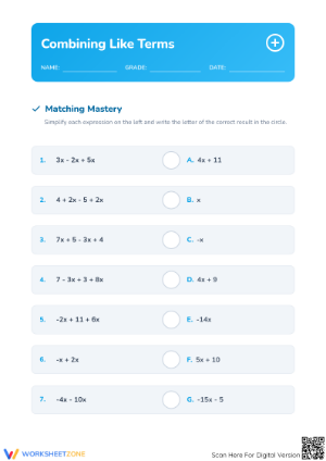 Combining Like Terms Worksheet | Grade 5 Printable