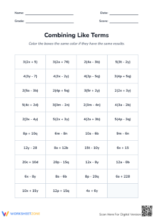 Combining Like Terms Worksheet | Grade 5 Essential