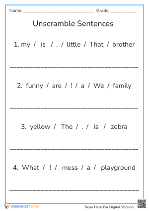 Unscramble Sentences Worksheet - Grammar & Punctuation Practice 1-3