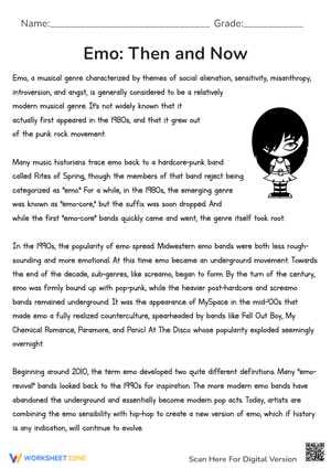 Emo Music History Worksheet: Then & Now - Grades 6-12