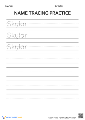 Skylar Name Tracing Practice | Grade K-1 Essential