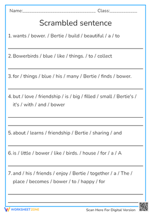 Bowerbirds scrambled sentence Worksheet