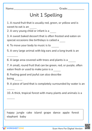 Printable Grade 3 Spelling and Vocabulary Worksheet