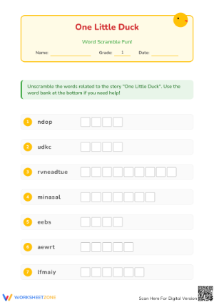 Grade 1 Duck Word Scramble — Printable ELA Worksheet