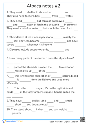 Alpaca Biology Notes Worksheet | Grade 10 Printable