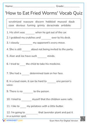 How to Eat Fried Worms Vocab Quiz | Grade 6 Printable
