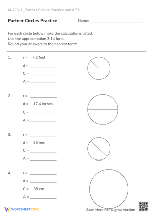 Circle Area & Circumference Practice - Math Worksheet (Grades 6-8)