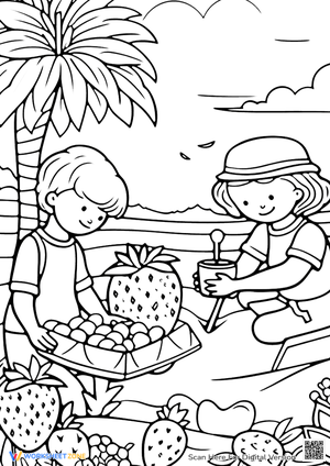 Beach Fun Coloring Page - Kids, Sand, Fruit & Summer!