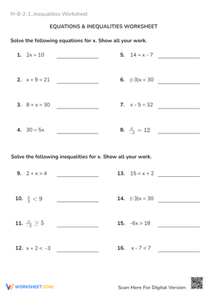 Algebra Equations & Inequalities Worksheet - Solve for X