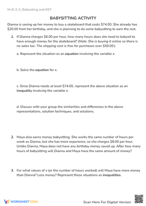 Babysitting Math: Equations & Inequalities Worksheet - Grades 6-8