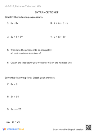 Pre-Algebra Entrance Ticket: Simplify, Solve, Graph Inequalities