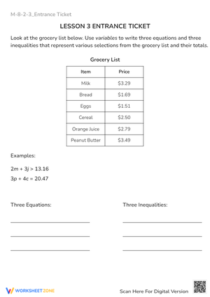 Math Entrance Ticket for Module M-8-2-3
