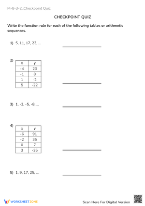 Arithmetic Sequences: Write the Function Rule - Quiz Worksheet