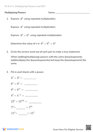 Multiplying Powers Worksheet - Exponents & Repeated Multiplication