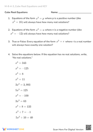 Cube Root Equations Worksheet - Solving for Real Solutions
