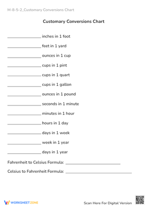 Customary Conversions Chart: Math Aid M-8-5-2