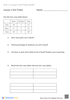 Two-Way Table Data Analysis: Probability & Percents Worksheet