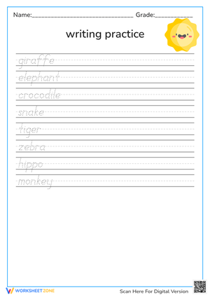 Wild Animal Name Tracing Worksheet