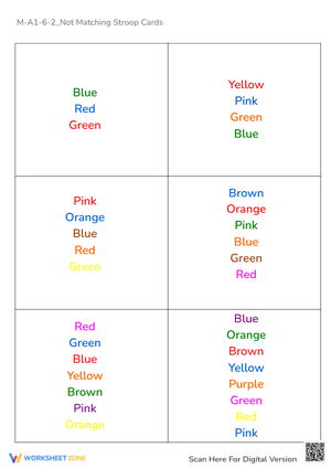 Matching Stroop Cards Activity Worksheet