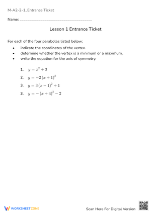 Parabola Vertex Form Worksheet: Find Vertex, Min/Max & Axis of Symmetry