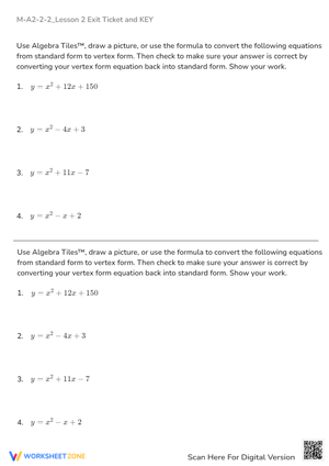 Quadratic Equations: Standard & Vertex Form Conversion - Exit Ticket