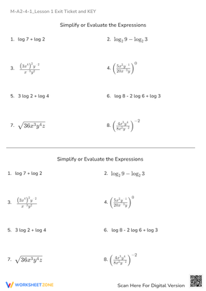 Algebra Exit Ticket: Simplify Expressions (Logarithms, Exponents, Radicals)