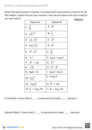 Algebra 2: Exponents, Logarithms & Radicals Matching Worksheet
