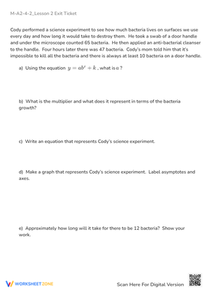 Exponential Decay: Bacteria Experiment & Asymptotes Worksheet