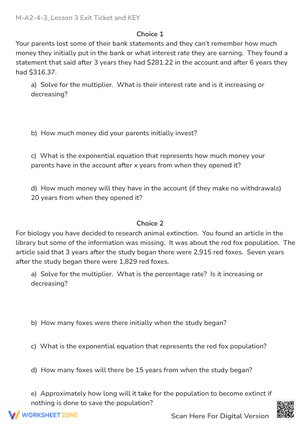 Exponential Growth & Decay Word Problems - Algebra 2 Exit Ticket