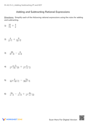 Algebra 2: Adding & Subtracting Rational Expressions Practice