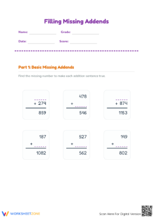 Missing Addends Worksheet | Grade 3 Math Printable