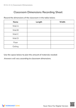 Classroom Dimensions Measurement Worksheet - Grades 3-5 Math