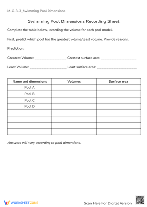 Swimming Pool Volume & Surface Area: Math Worksheet (Grades 6-8)