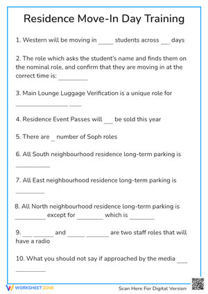 Residence Move-In Day Training Worksheet