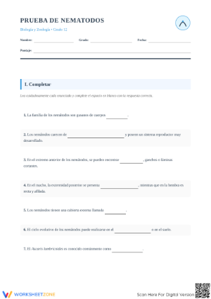 Printable Nematode Biology Worksheet | Grade 12 Science