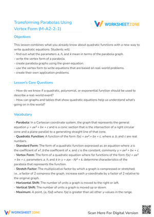 Transforming Parabolas Using Vertex Form (M-A2-2-1)