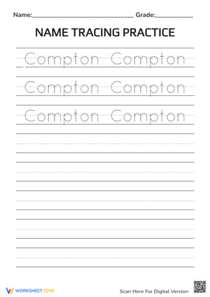Compton Name Tracing Worksheet | Printable Grade K-1 Ready