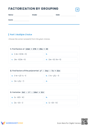 Printable Factoring by Grouping Worksheet | Grade 8 Math