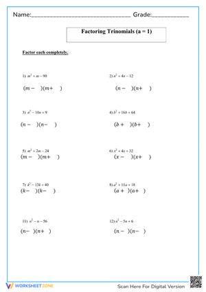 Factoring Trinomials (a=1) Worksheet - Algebra Practice Problems